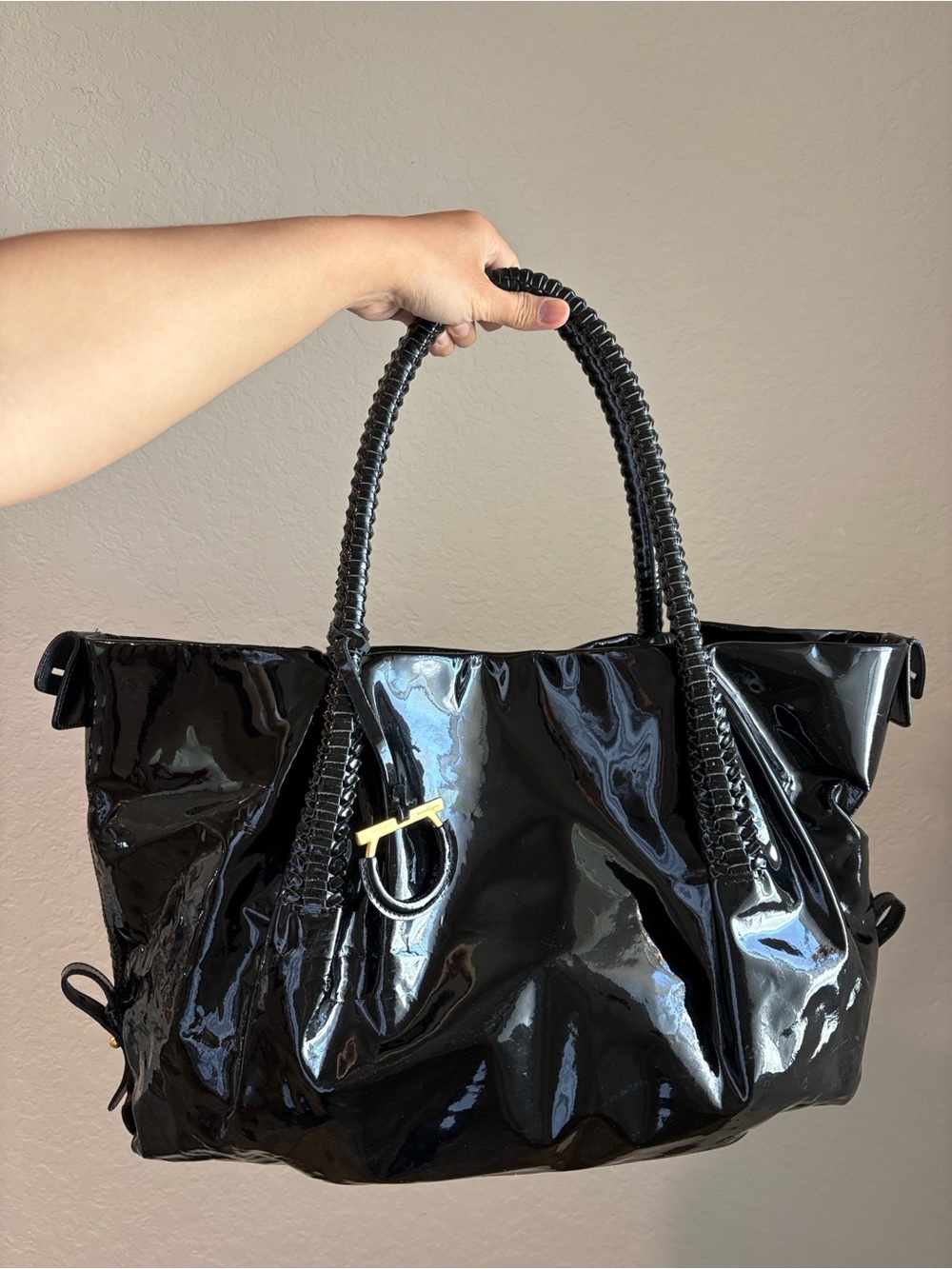 Salvatore Ferragamo Black Patent Tote Bag with Braided Handles - Picture 14 of 14
